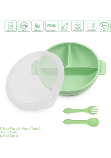 Silikon Beslenme Seti Vakumlu Silikon Mama Tabağı (Kapaklı), Silikon Çatal ve Kaşık / Yeşil Renk