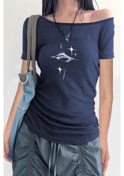 Lacivert Crystal Eye Madonna Yaka Kısa Kol T-Shirt