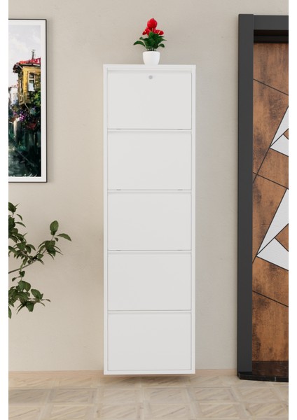 Kilitli 5 Kapaklı Metal Ayakkabılık Beyaz