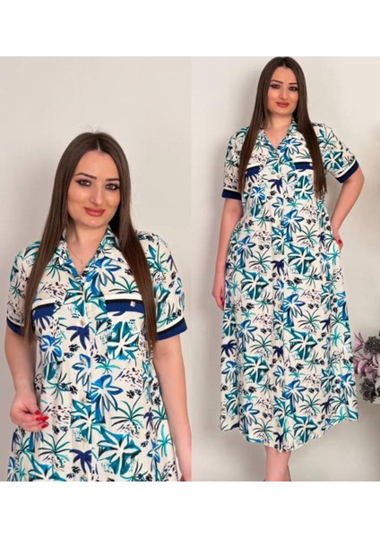 Büyük Beden Çift Cepli Empirme Baskılı Elbise