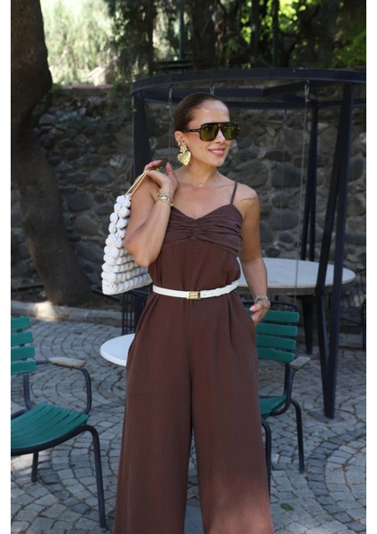 Kahve Göğüs Drape Detay Askılı Tulum