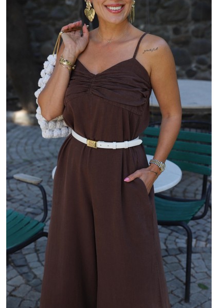 Kahve Göğüs Drape Detay Askılı Tulum
