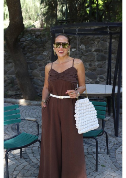 Kahve Göğüs Drape Detay Askılı Tulum