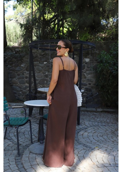 Kahve Göğüs Drape Detay Askılı Tulum