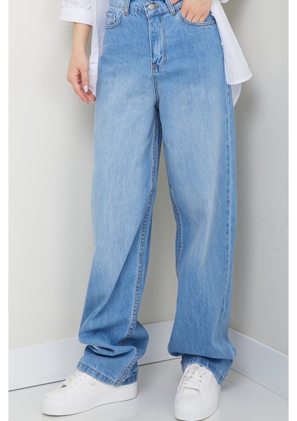 Dökümlü Baggy Kot Pantolon 1513 - Açık Mavi