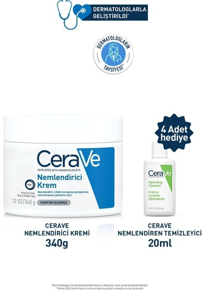 Kuru Ciltler Için Cilt Bakım Seti: Cerave Nemlendirici Krem 340GR & Nemlendiren Temizleyici 20MLX4