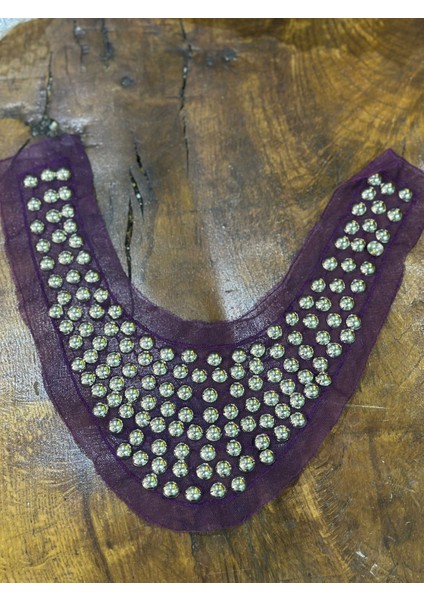 Mor Tüllü Gümüş Renk Boncuk Işleme Yaka Dikiş Aplike 30X13 cm