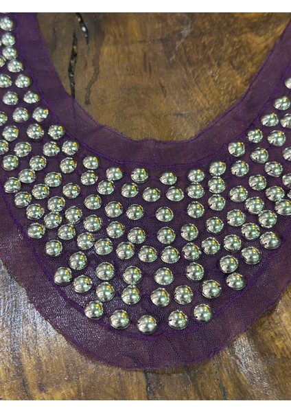 Mor Tüllü Gümüş Renk Boncuk Işleme Yaka Dikiş Aplike 30X13 cm fiyatları