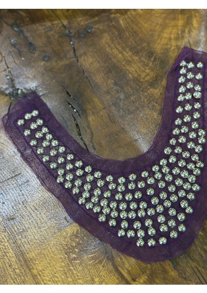 Mor Tüllü Gümüş Renk Boncuk Işleme Yaka Dikiş Aplike 30X13 cm modelleri