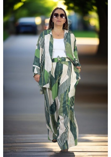 Oversıze Kesim Pamuklu Yazlık Kumaş Önden Düğmeli Gömlek Beli Lastikli Pantolon Büyük Beden Takım