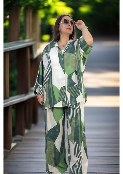 Oversıze Kesim Pamuklu Yazlık Kumaş Önden Düğmeli Gömlek Beli Lastikli Pantolon Büyük Beden Takım fiyatları