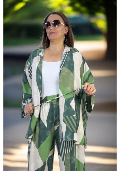 Oversıze Kesim Pamuklu Yazlık Kumaş Önden Düğmeli Gömlek Beli Lastikli Pantolon Büyük Beden Takım modelleri