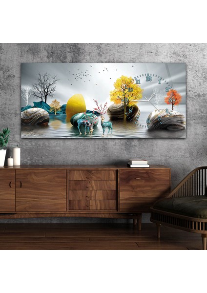 Yatay Saatli Yandan Sanat ve Doğa Temalı Cam Tablo YSYS015
