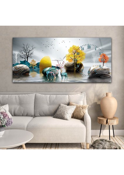 Yatay Saatli Yandan Sanat ve Doğa Temalı Cam Tablo YSYS015 modelleri
