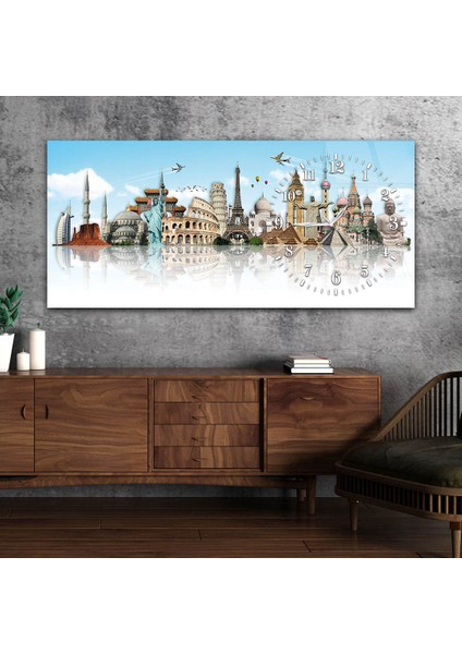 Yatay Saatli Yandan Sanat ve Doğa Temalı Cam Tablo YSYS107
