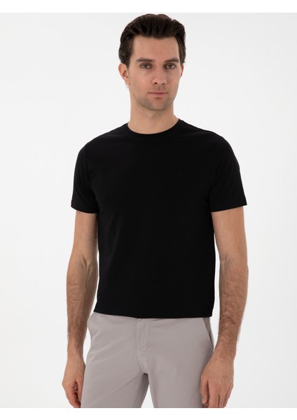 Erkek Siyah Slim Fit Bisiklet Yaka %100 Pamuk Basic T-Shirt 50310013-VR046