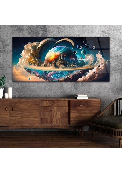 Yatay Saatli Yandan Sanat ve Doğa Temalı Cam Tablo YSYS209