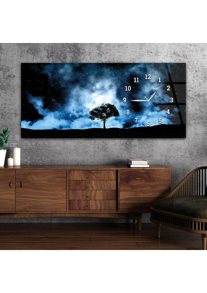 Gece Gökyüzü Yıldızlar Yatay Saatli Yandan Sanat ve Doğa Temalı Cam Tablo YSYS239