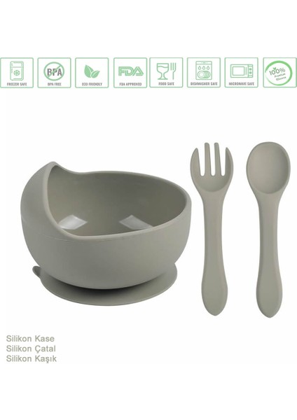 Vakumlu Silikon Mama Kasesi, Altı Vakumlu Mama Kasesi, Silikon Kaşık-Çatal / Gri