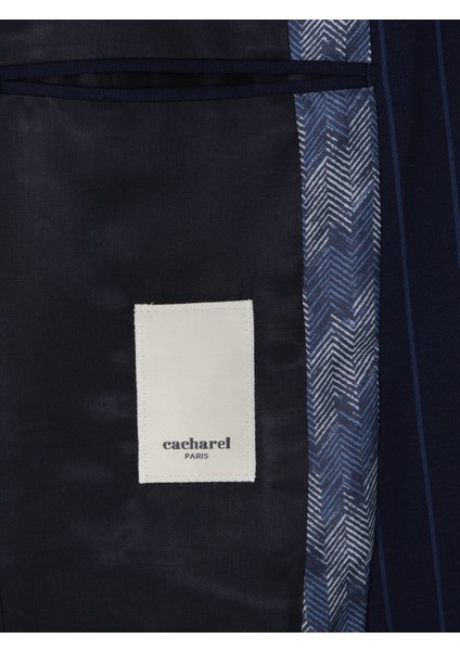 Erkek Koyu Lacivert Slim Fit Çizgili Kırlangıç Yaka Yün Takım Elbise 50300516-VR100