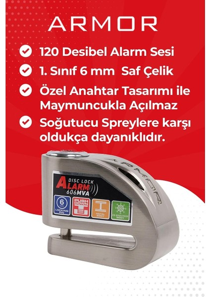 Armor 606MVA 6 mm 120 Desibel Paslanmaz Çelik Alarmlı Disk Kilidi modelleri