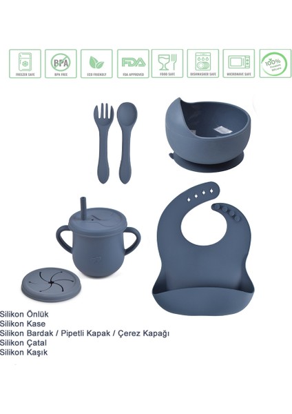 Silikon Vakumlu Kase, Silikon Çatal-Kaşık, Silikon Pipetli Bardak, Çerez Kapağı, Önlük / Lacivert