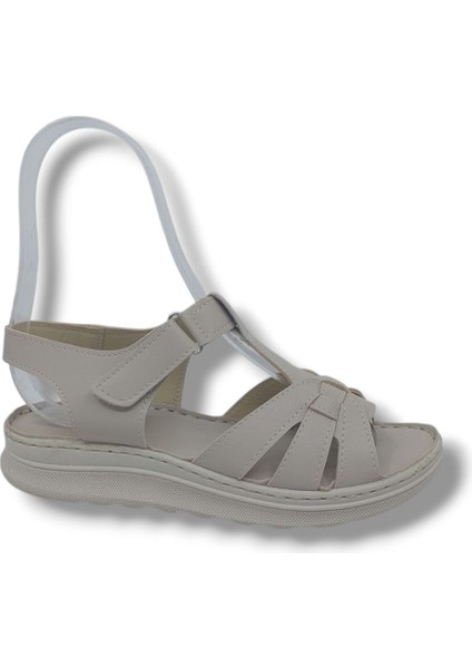 1150 Kadın Krem Cırtlı Yumuşak Taban Comfort Sandalet Ayakkabı