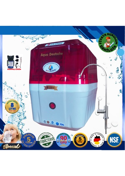 Pompalı Montaj Dahil 8 Litre Antibakteriyel Çelik Tanklı 90 Gpd Nano Membranlı Gümüş Iyon Kompozit Tatlandırıcılı Su Arıtma Cihazı