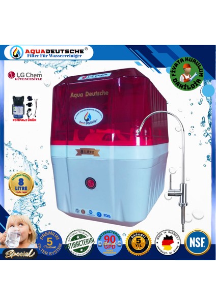 Pompalı Montaj Dahil 8 Litre Antibakteriyel Çelik Tanklı 90 Gpd Nano Membranlı Gümüş Iyon Kompozit Tatlandırıcılı Su Arıtma Cihazı
