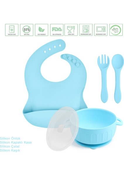 Silikon Beslenme Seti, Vakumlu, Kapaklı Silikon Kase, Çatal, Kaşık ve Önlük / Mavi