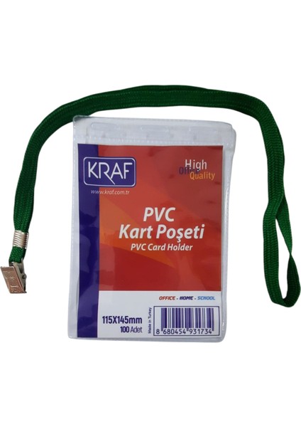 Kart Poşet Şeffaf 115 x 145 mm 5 Adet + Kraf Kart Askı Ipi Yeşil Metal Klipsli 5 Adet Set