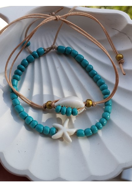 Kumsal Güzeli Deniz Kabuğu ve Midye Detaylı Kumboncuk, Ip 2'li Kadın Bileklik Asil Mavi