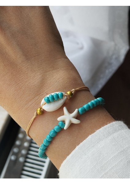 Kumsal Güzeli Deniz Kabuğu ve Midye Detaylı Kumboncuk, Ip 2'li Kadın Bileklik Asil Mavi modelleri