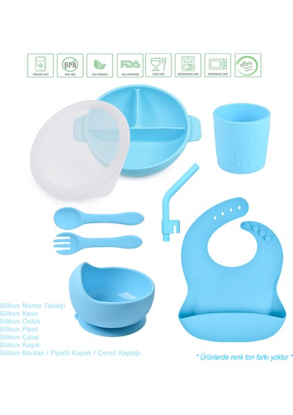 Silikon Beslenme Seti Vakumlu Silikon Mama Tabağı ve Kasesi, Silikon Çatal ve Kaşık, Bardak