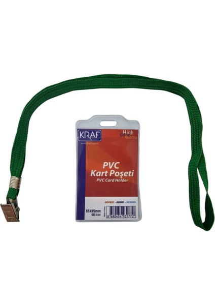 Kart Poşet Şeffaf Dikey 65 x 95 mm 5 Adet + Kraf Kart Askı Ipi Yeşil Metal Klipsli 5 Adet Set