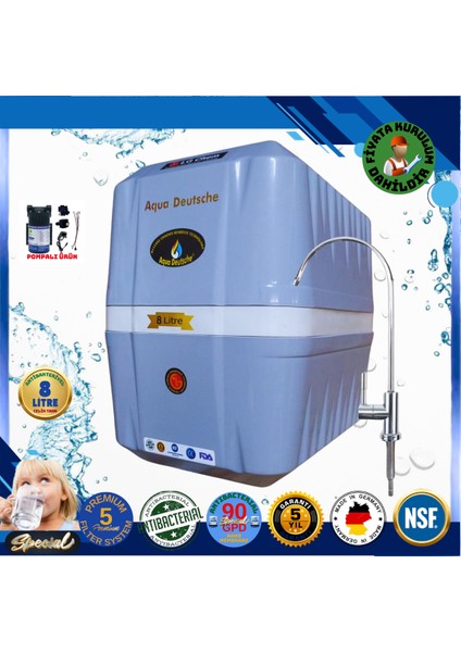 Pompalı Montaj Dahil 8 Litre Antibakteriyel Çelik Tanklı 90 Gpd Nano Membranlı Gümüş Iyon Kompozit Tatlandırıcılı Su Arıtma Cihazı