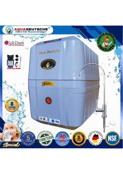 Pompalı Montaj Dahil 8 Litre Antibakteriyel Çelik Tanklı 90 Gpd Nano Membranlı Gümüş Iyon Kompozit Tatlandırıcılı Su Arıtma Cihazı fiyatları