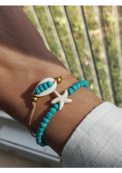 Kumsal Güzeli Deniz Kabuğu ve Midye Detaylı Kumboncuk, Ip 2'li Kadın Bileklik Asil Mavi fırsatları