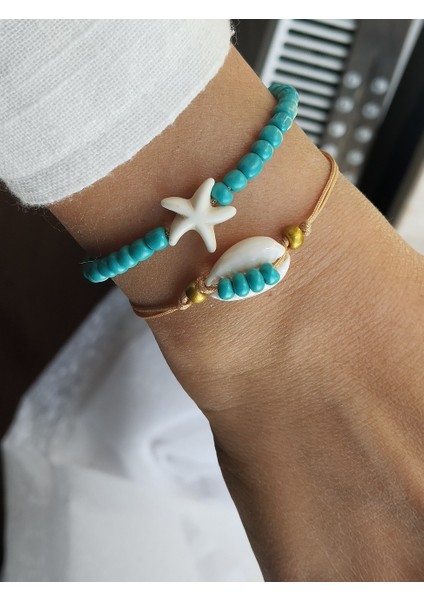 Kumsal Güzeli Deniz Kabuğu ve Midye Detaylı Kumboncuk, Ip 2'li Kadın Bileklik Asil Mavi indirimleri