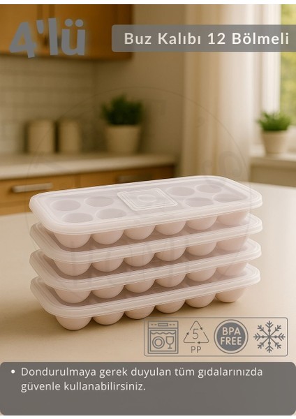 4\'lü Set Buz Kalıbı 12 Bölmeli Esnek Silikon Buz Küpü Bpa Free Yuvarlak Bas Parmak Buzluk Çapı 3,5 cm Pembe