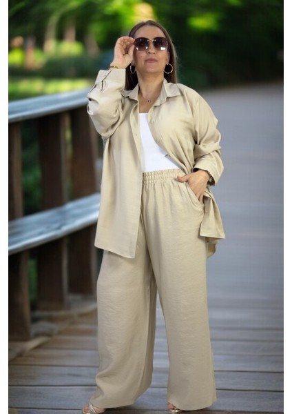 Önden Düğmeli Tunik Gömlek Beli Lastikli Pantolon Büyük Beden Pamuklu Tnsel Kumaş Ikili fiyatları