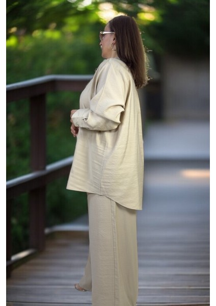 Önden Düğmeli Tunik Gömlek Beli Lastikli Pantolon Büyük Beden Pamuklu Tnsel Kumaş Ikili modelleri