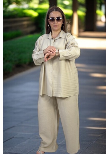 Önden Düğmeli Tunik Gömlek Beli Lastikli Pantolon Büyük Beden Pamuklu Tnsel Kumaş Ikili fırsatları