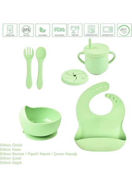 Çocuk Silikon Mama Önlüğü, Silikon Vakumlu Kase, Silikon Çatal-Kaşık, Silikon Pipetli Bardak