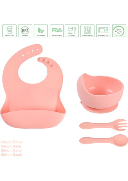 Çocuk Silikon Mama Önlüğü, Silikon Vakumlu Kase, Silikon Kaşık ve Çatal / Pembe