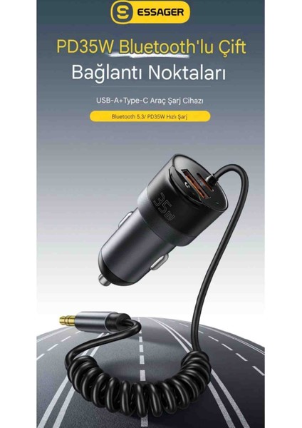 CC20 Bluetooth 5.3 Araç Kiti+35W Pd Hızlı Araç Şarjı 3.5mm Aux Kablo 2'si 1'Arada Ce Lisanslı Yeni Nesil Son Nesil Teknoloji modelleri