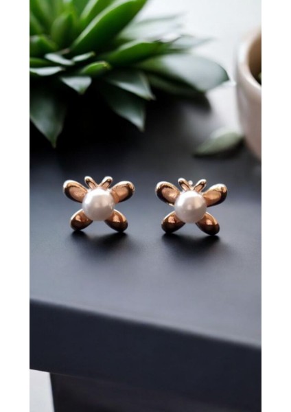 Vıp Paslanmaz Çelik Küçük Incili Rose Gold Kelebek Küpe