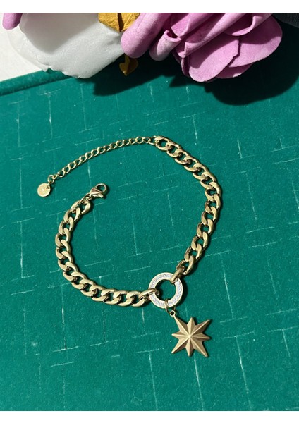 316L Çelik Yıldız Figürlü Gold Zirkon Taşlı Samanyolu Kadın Bileklik - HMÇB-0090