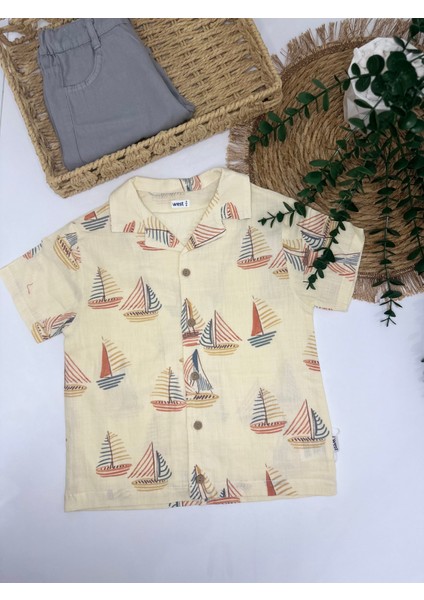 Erkek Çocuk Yelken Desenli Gömlek ve Gri Şort Keten Takım – Yazlık 2’li Kombin fiyatları