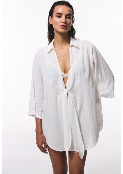 Beyaz Sienna V Yaka Midi Oversize Gömlek